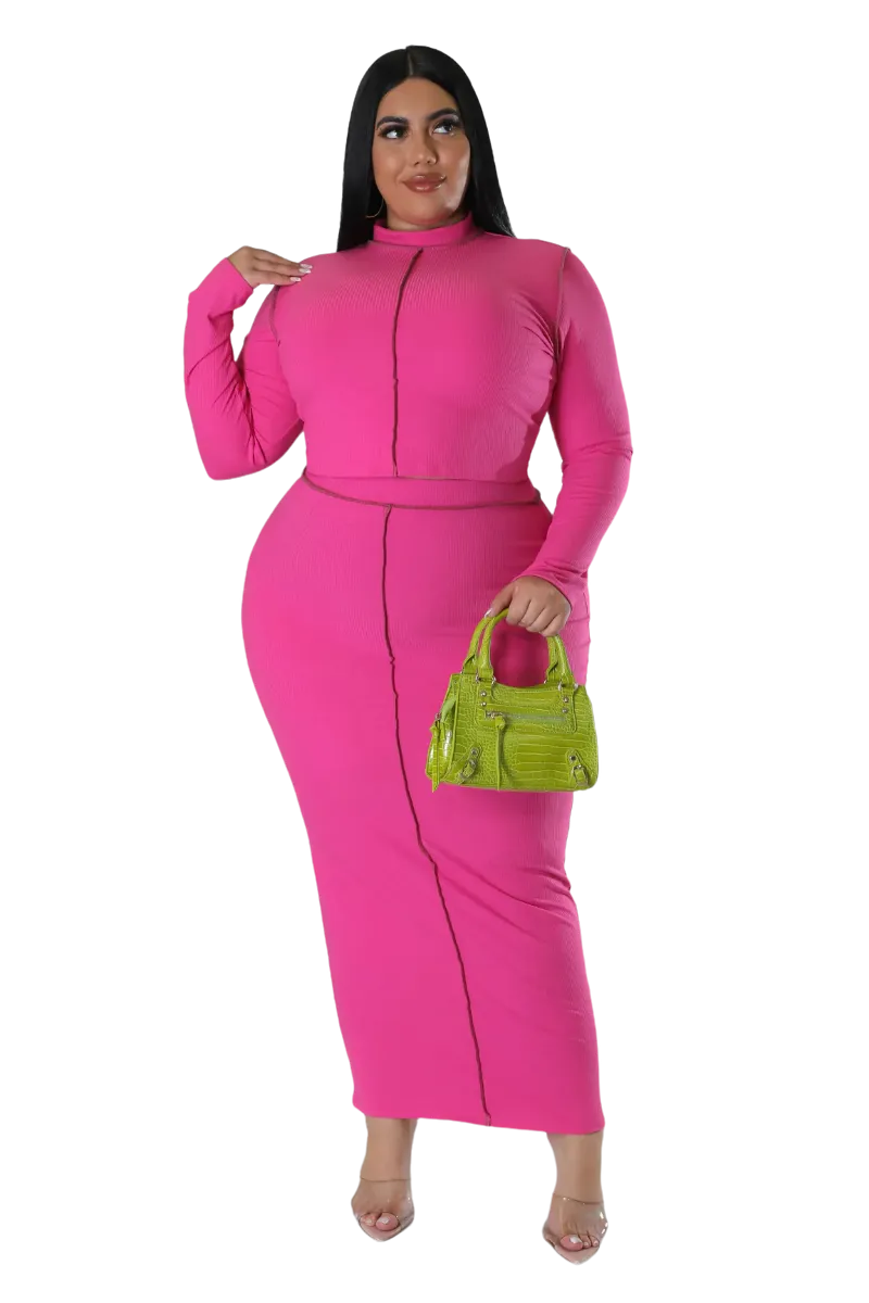 Final Sale Plus Size Ribbed 2pc Outer Sems Crop Front Knot Top and Pencil Skirt Set in Fuchsia