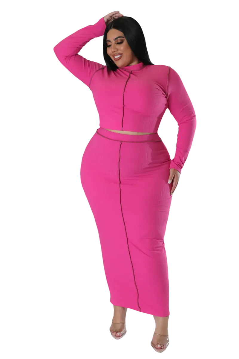 Final Sale Plus Size Ribbed 2pc Outer Sems Crop Front Knot Top and Pencil Skirt Set in Fuchsia