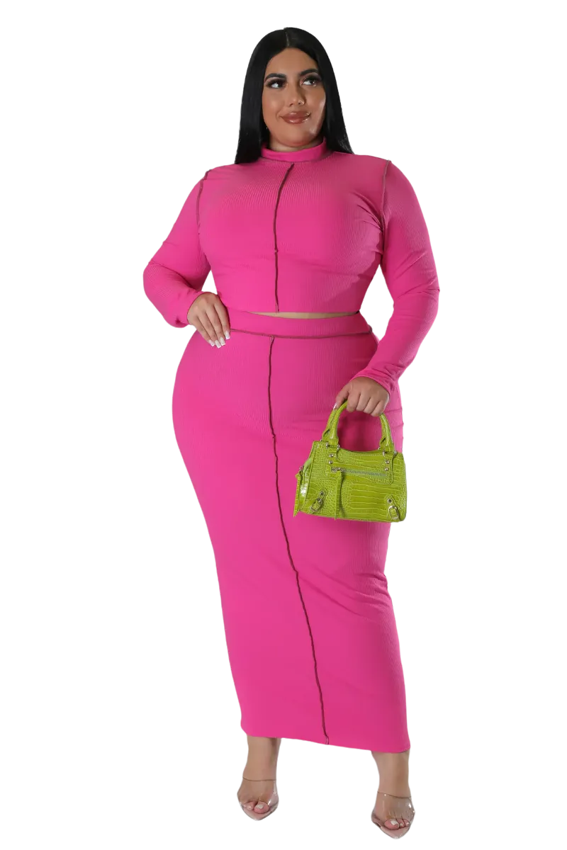 Final Sale Plus Size Ribbed 2pc Outer Sems Crop Front Knot Top and Pencil Skirt Set in Fuchsia