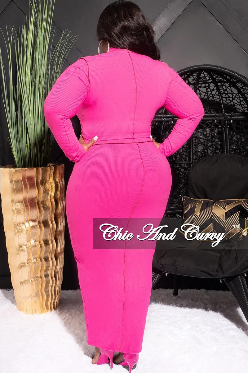 Final Sale Plus Size Ribbed 2pc Outer Sems Crop Front Knot Top and Pencil Skirt Set in Fuchsia