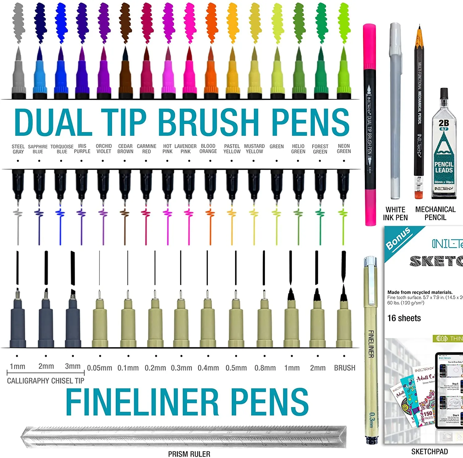 Fine Point Pen and Brush Pens Dual Tip Markers Set - 36 Pieces Art Supplies