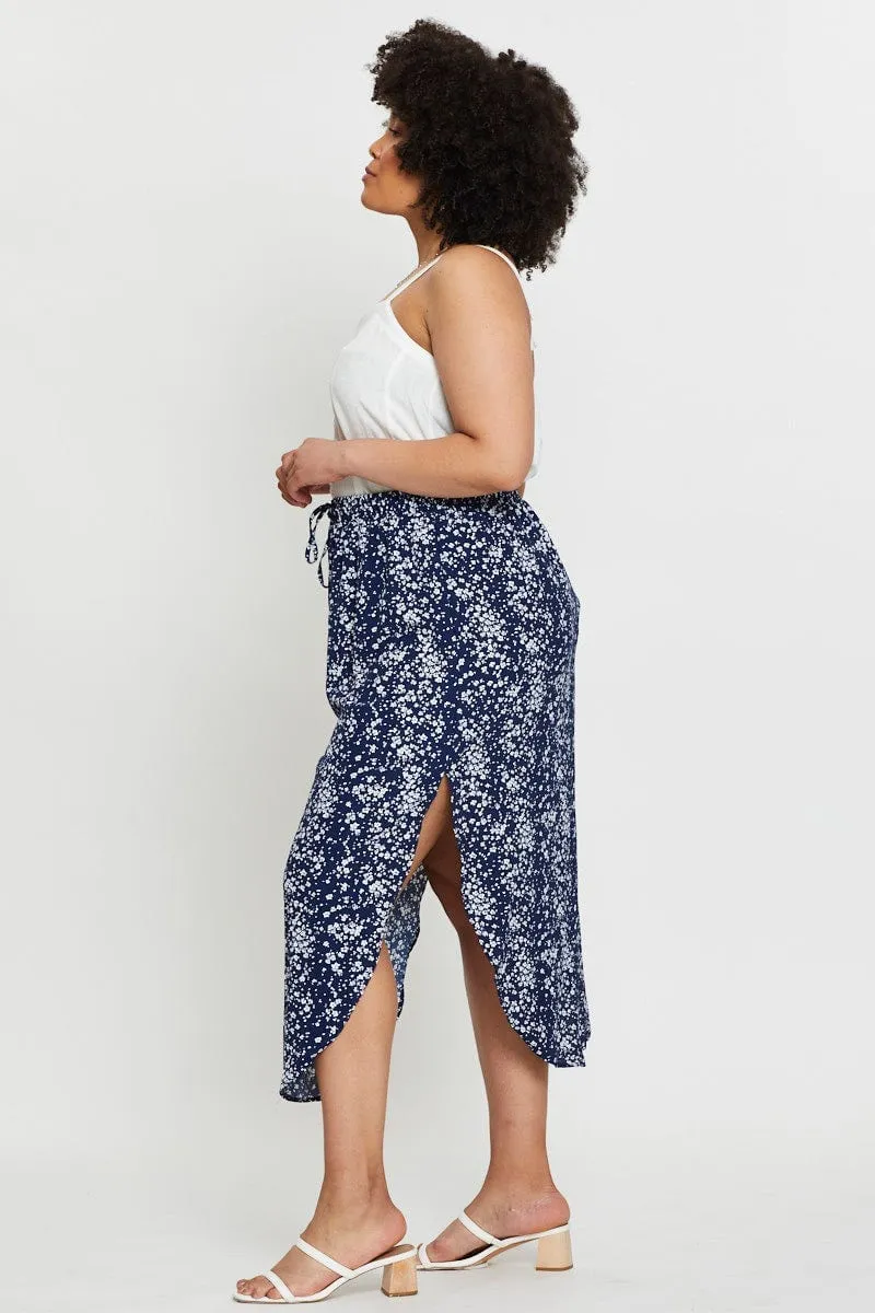 Floral Print Midi Skirt Elastic Waist