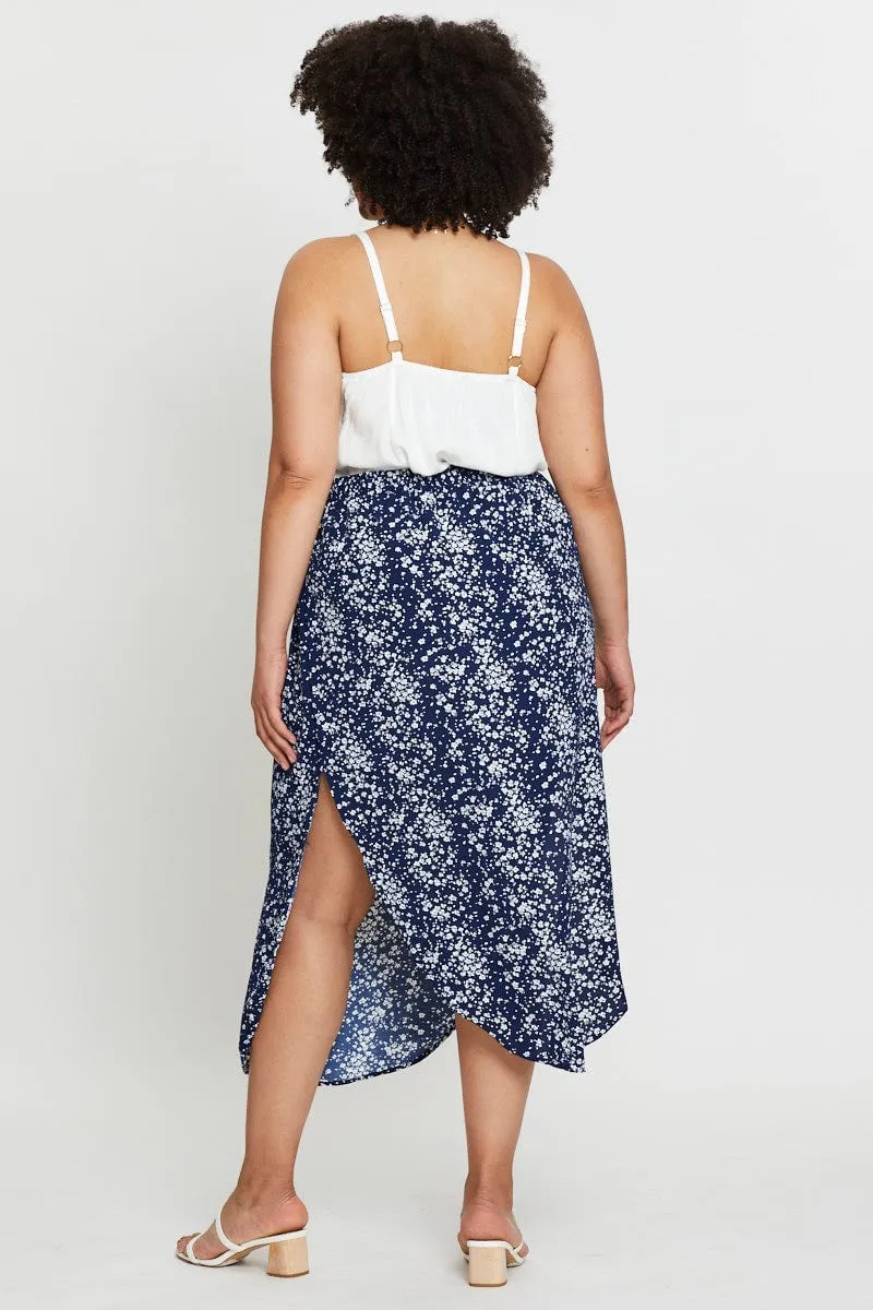 Floral Print Midi Skirt Elastic Waist