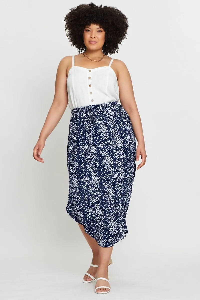 Floral Print Midi Skirt Elastic Waist