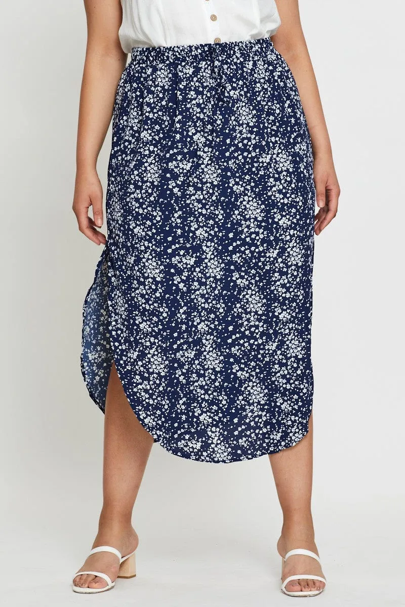 Floral Print Midi Skirt Elastic Waist