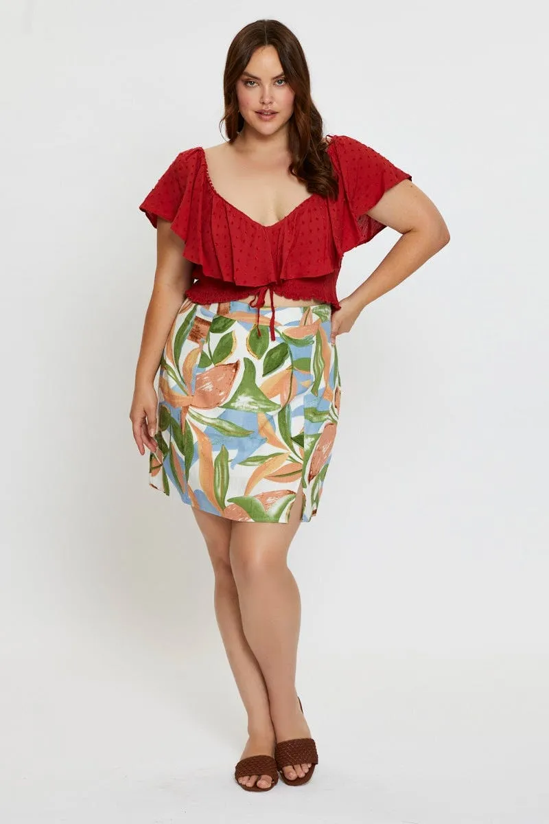 Floral Print Mini A Line Skirt Front Split