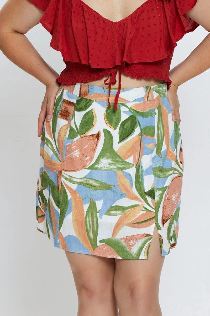 Floral Print Mini A Line Skirt Front Split