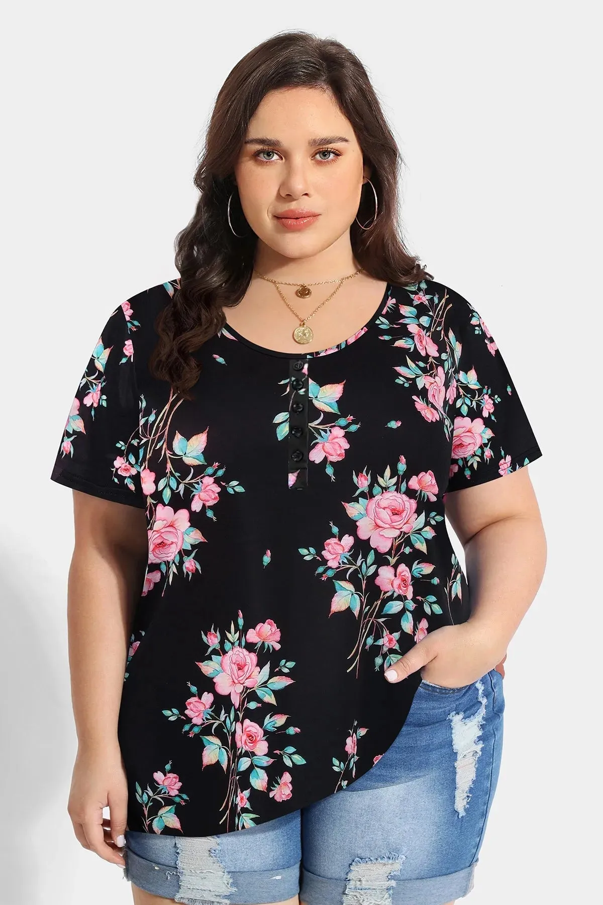Floral Resort Outfit Button Detail Short Sleeves T-shirt