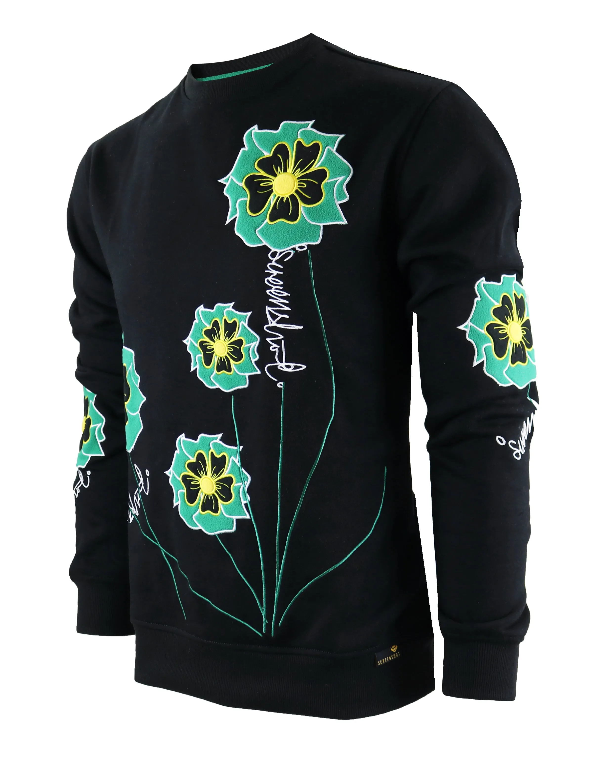 FLOWER EMB CREW NECK FLEECE SHIRTS - F11351 (BLACK)