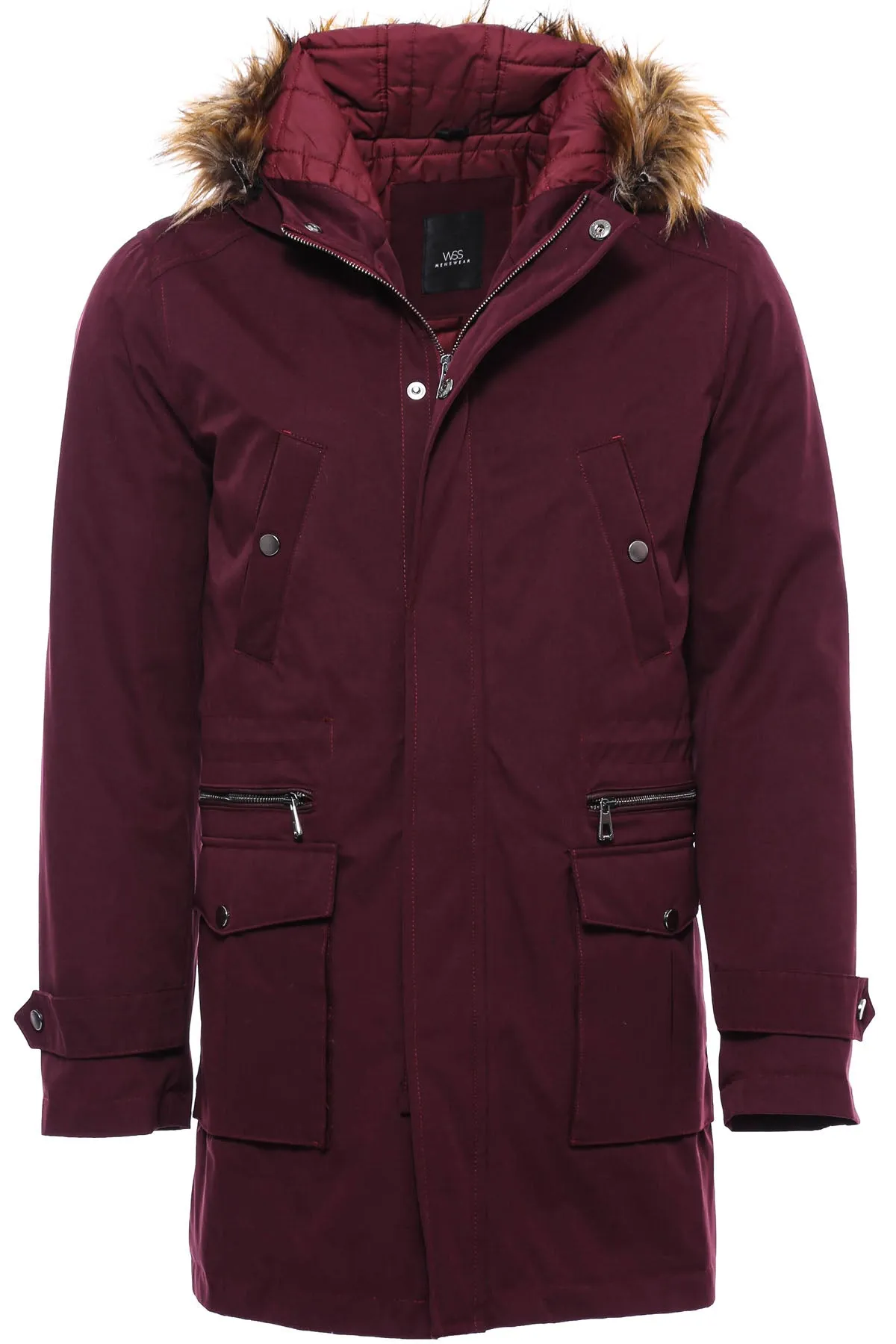 Fur Hooded Burgundy Men Coat - Wessi