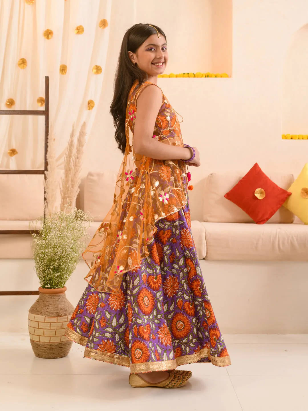 Girls Floral Printed Ready To Wear Lehenga Choli With Over Coat - Ps Peaches