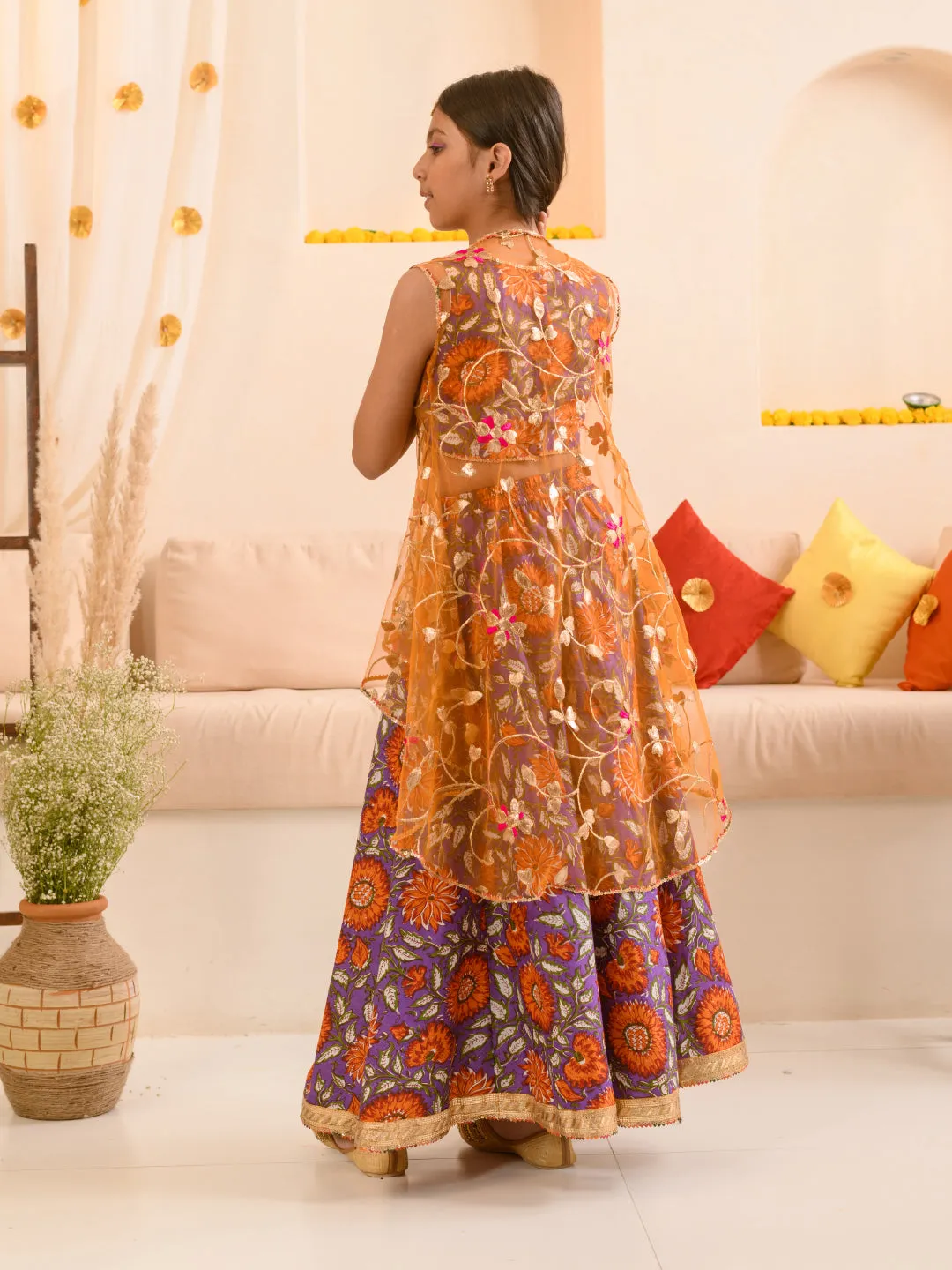 Girls Floral Printed Ready To Wear Lehenga Choli With Over Coat - Ps Peaches