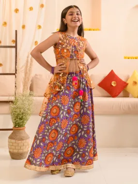 Girls Floral Printed Ready To Wear Lehenga Choli With Over Coat - Ps Peaches