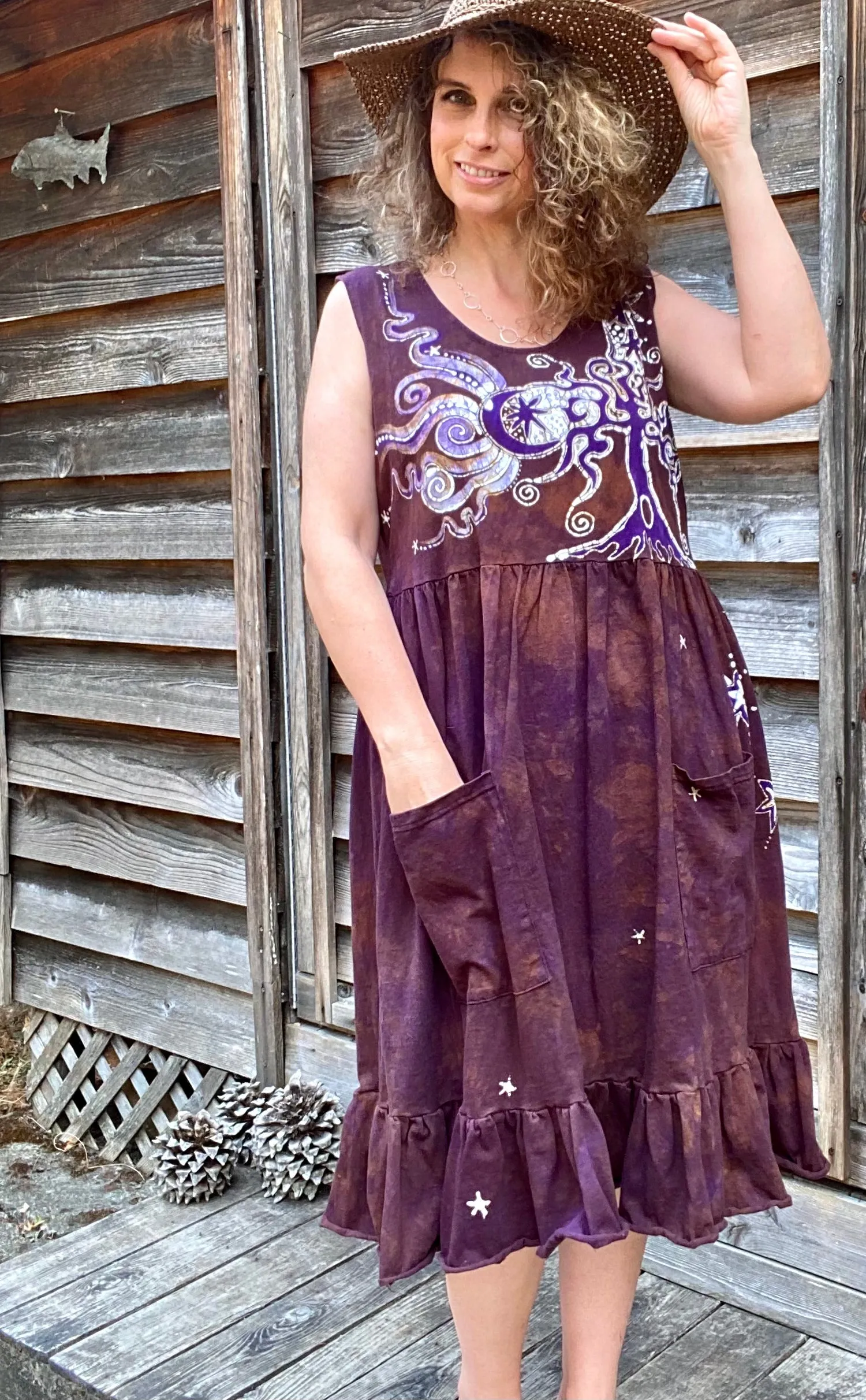 Golden Sun Purple Forest Farmer's Market Pocket Dress - Size Large