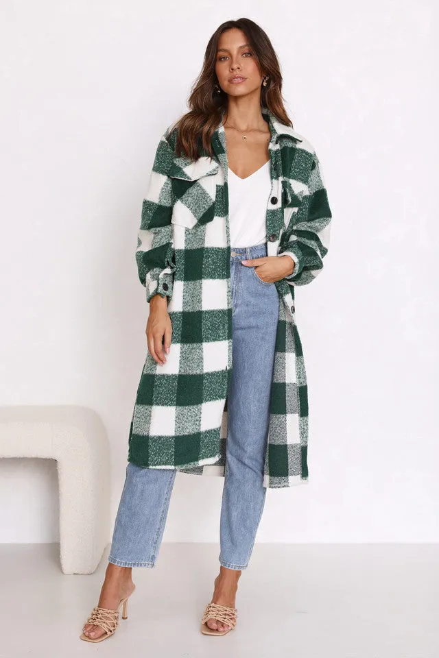 Green Gingham Print Longline Coat