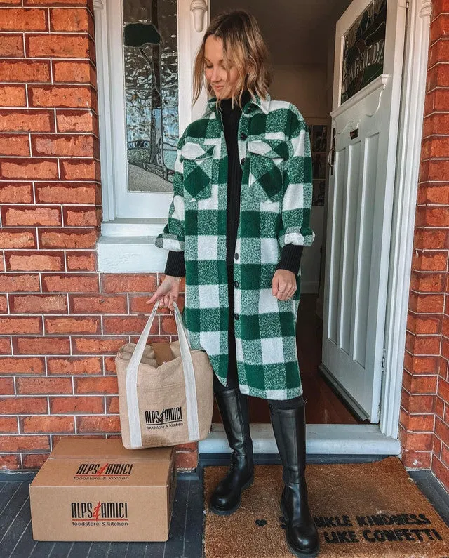 Green Gingham Print Longline Coat