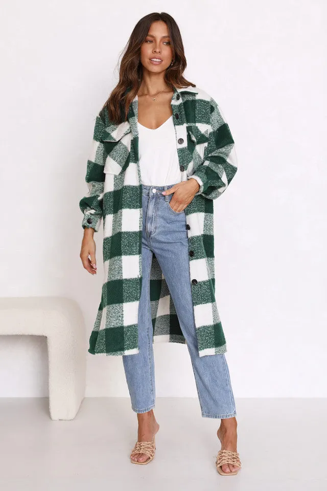 Green Gingham Print Longline Coat