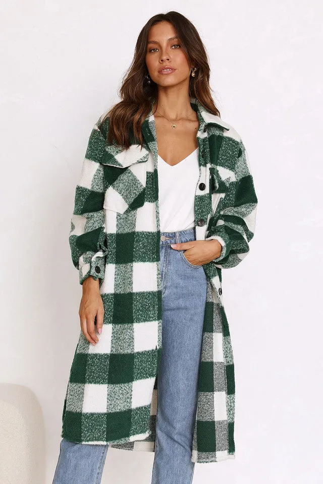 Green Gingham Print Longline Coat