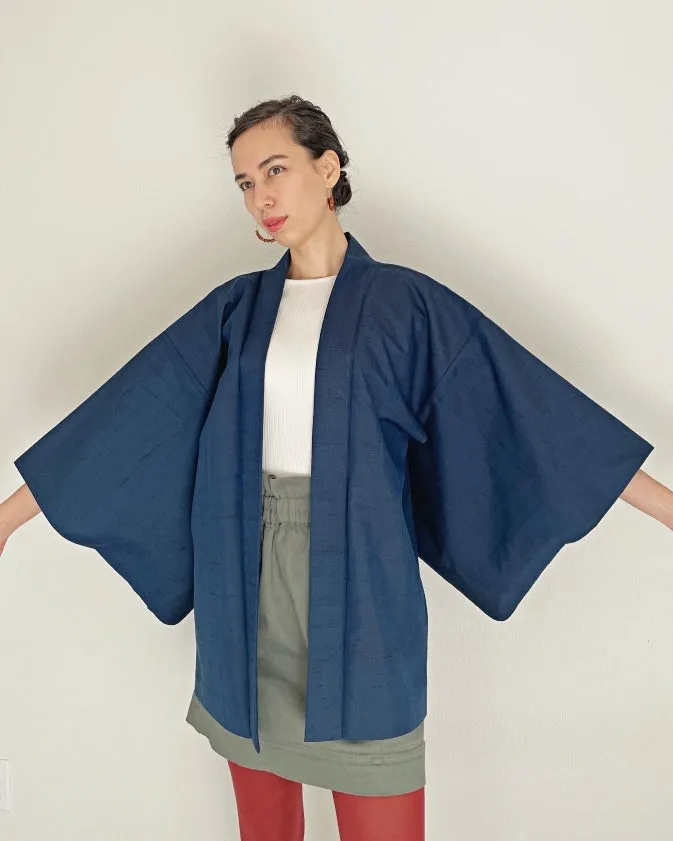Hand Woven Indigo Tsumugi Haori Kimono Jacket