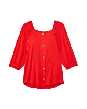 Heidi Square Neck Button Front 3/4 Sleeve Blouse | Red