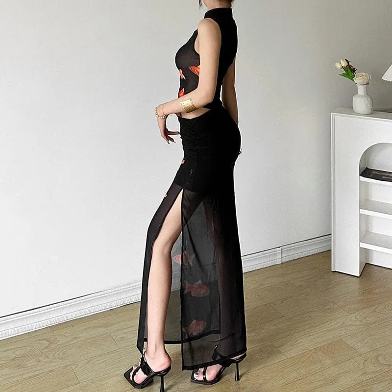 High slit goldfish print button mesh see through maxi skirt set