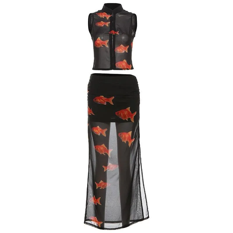 High slit goldfish print button mesh see through maxi skirt set