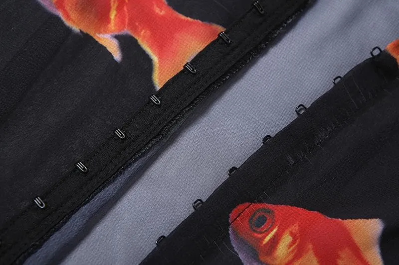 High slit goldfish print button mesh see through maxi skirt set