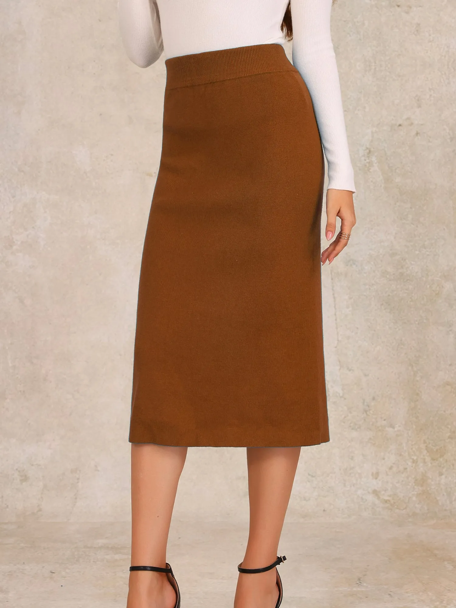 High Waist Slit Sweater Pencil Knit Midi Bodycon Skirt