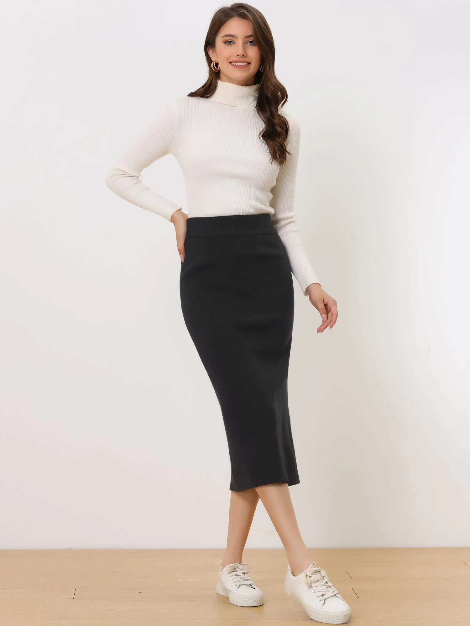 High Waist Slit Sweater Pencil Knit Midi Bodycon Skirt