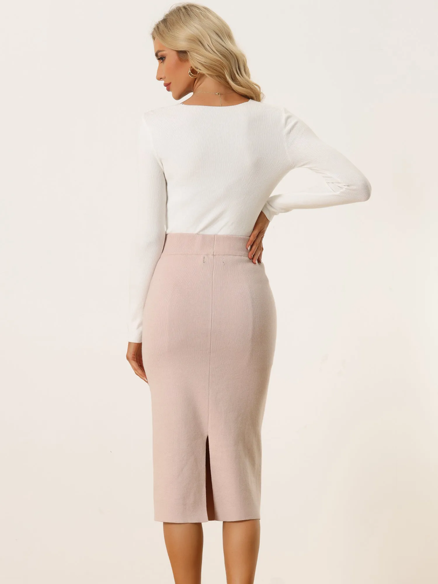 High Waist Slit Sweater Pencil Knit Midi Bodycon Skirt