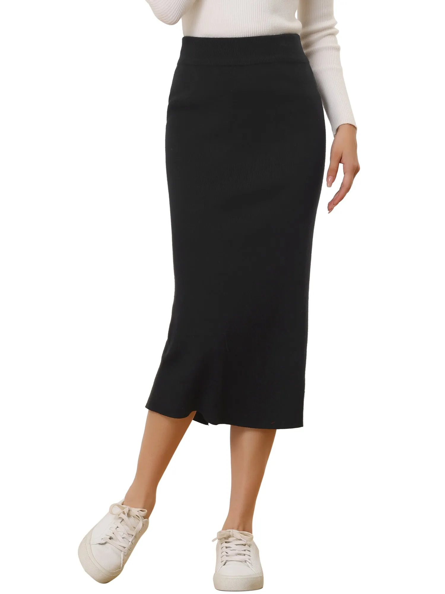 High Waist Slit Sweater Pencil Knit Midi Bodycon Skirt