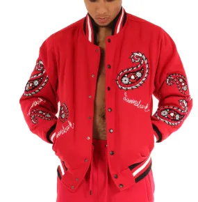 J11358 PAISLEY CHENILLE EMBROIDERY FLEECE VARSITY JACKET