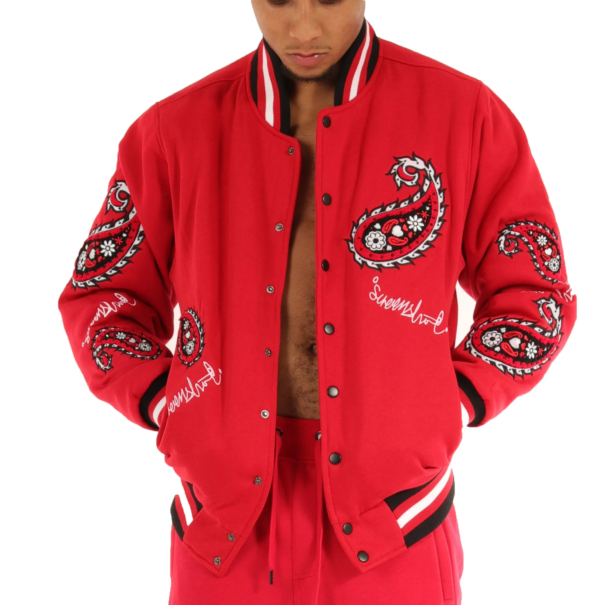 J11358 PAISLEY CHENILLE EMBROIDERY FLEECE VARSITY JACKET