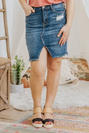 Jeraldine Judy Blue Triangle Cut Off Denim Pencil Skirt