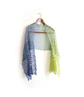 Knit shawl in gradient green and blue colors, cotton wrap, gift for her