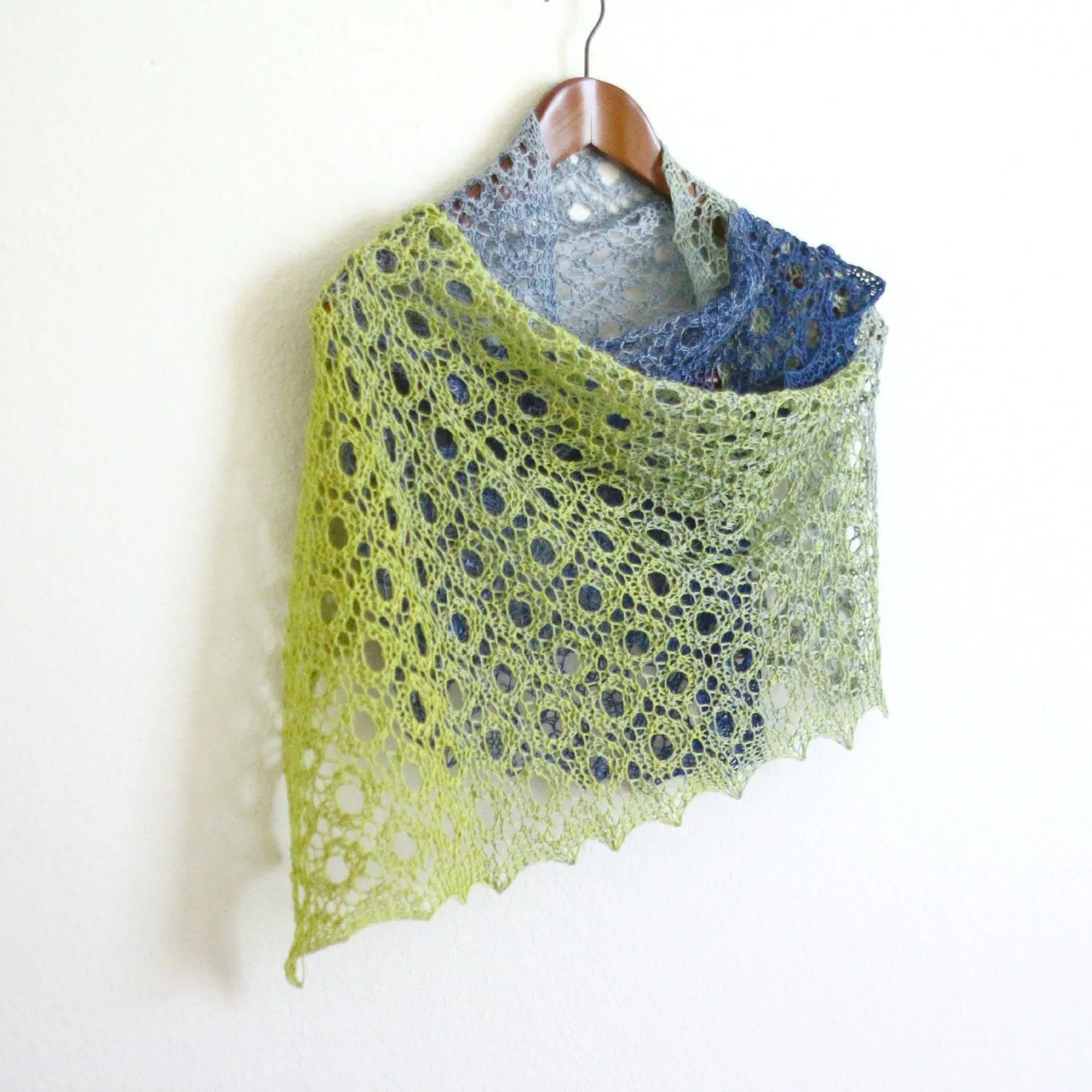 Knit shawl in gradient green and blue colors, cotton wrap, gift for her