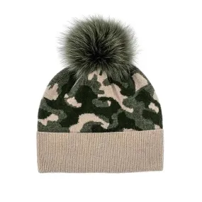 Knitted Hat with Fox Pom Poms