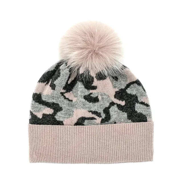 Knitted Hat with Fox Pom Poms