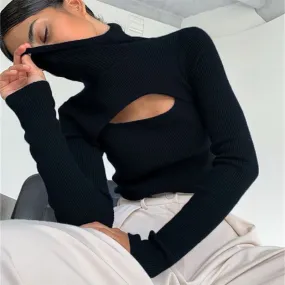 Long Sleeve Hollow Out Turtleneck Pullover Sweater