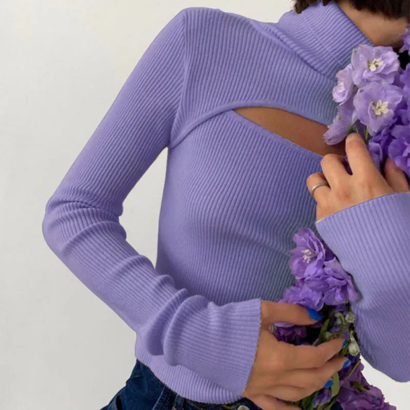 Long Sleeve Hollow Out Turtleneck Pullover Sweater