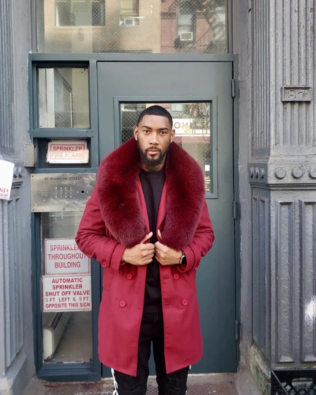 MEN TRENCH 3/4 PEACOAT-  BURGUNDY WITH BURGUNDY FOX FUR COLLAR