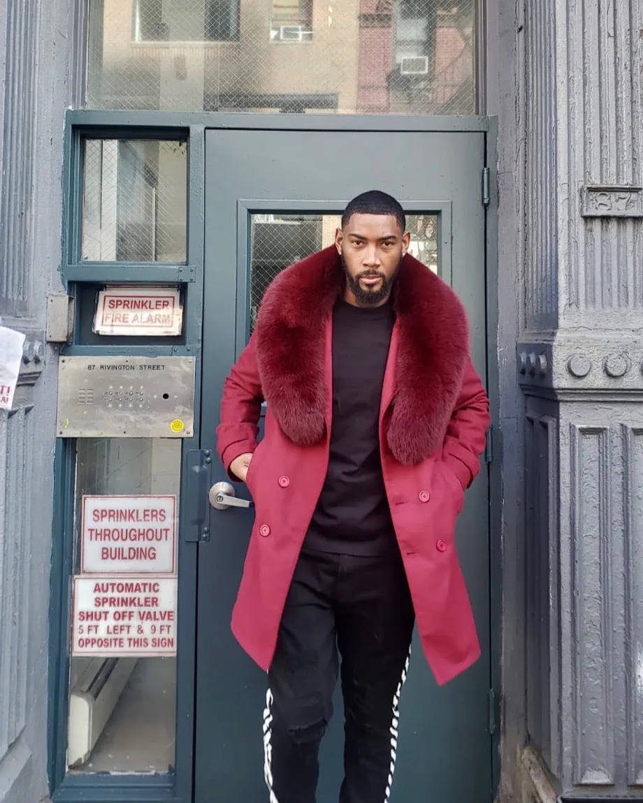 MEN TRENCH 3/4 PEACOAT-  BURGUNDY WITH BURGUNDY FOX FUR COLLAR