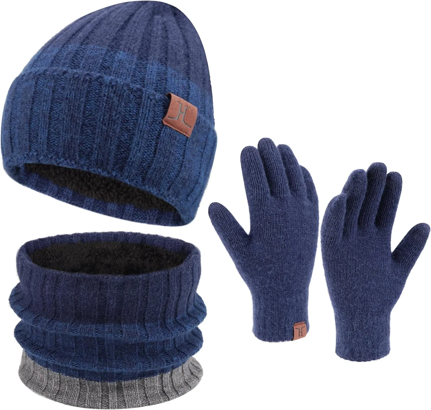 Men's Warm Black/Gray Beanie Knit Hat, Scarf & Gloves Set