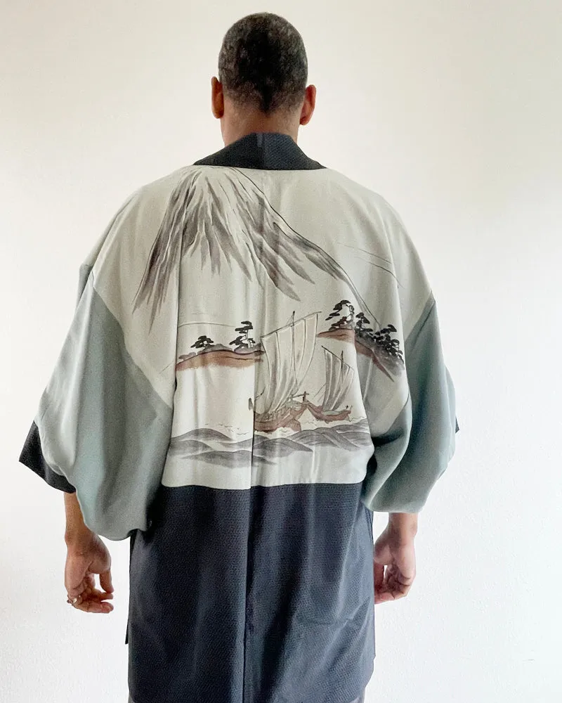Mount Fuji and the Ship Oshima Tsumugi Haori Kimono Jacket