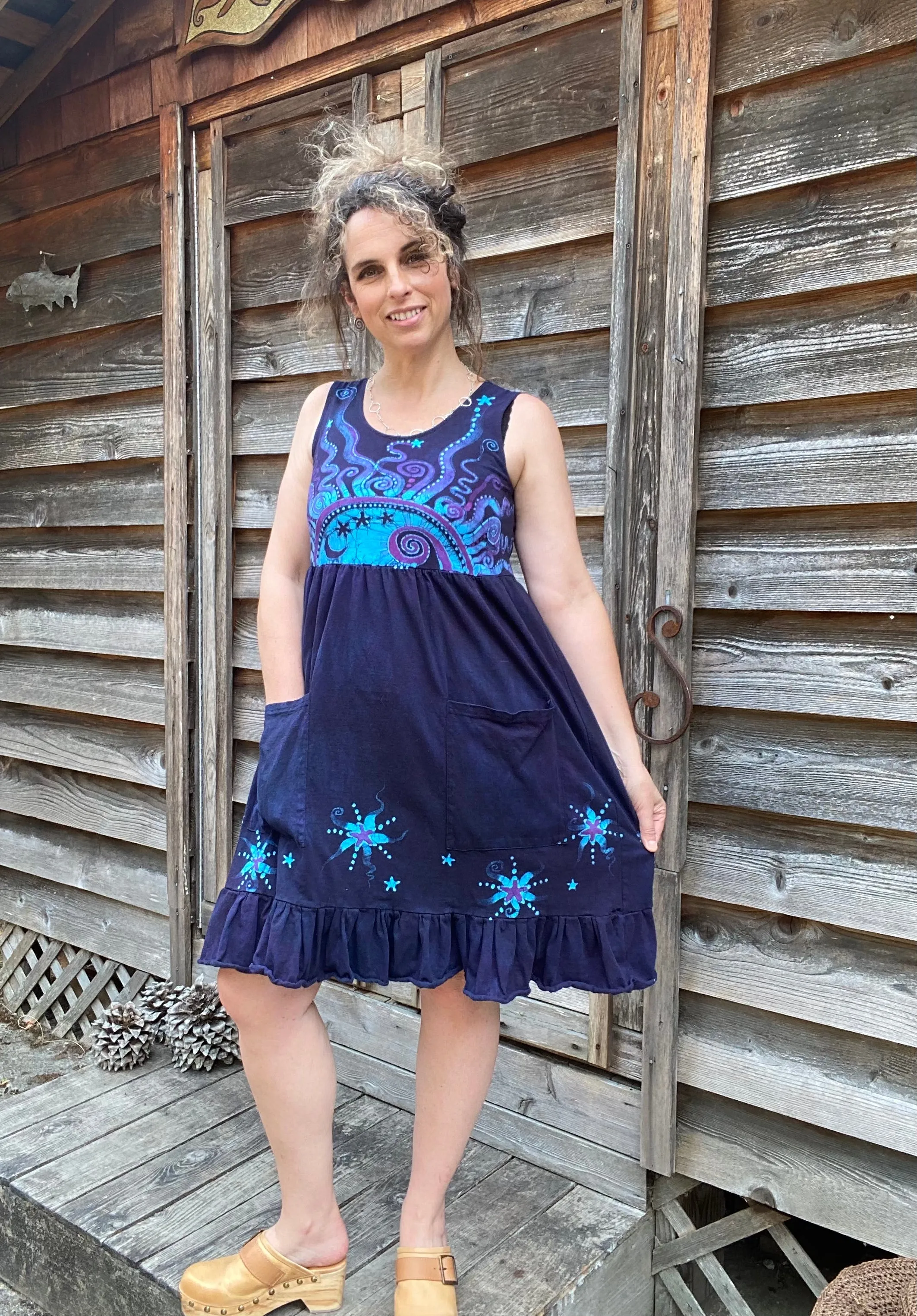 Mystic Moonlight with Turquoise Sunrise - Farmer's Market Pocket Dress - Size Small