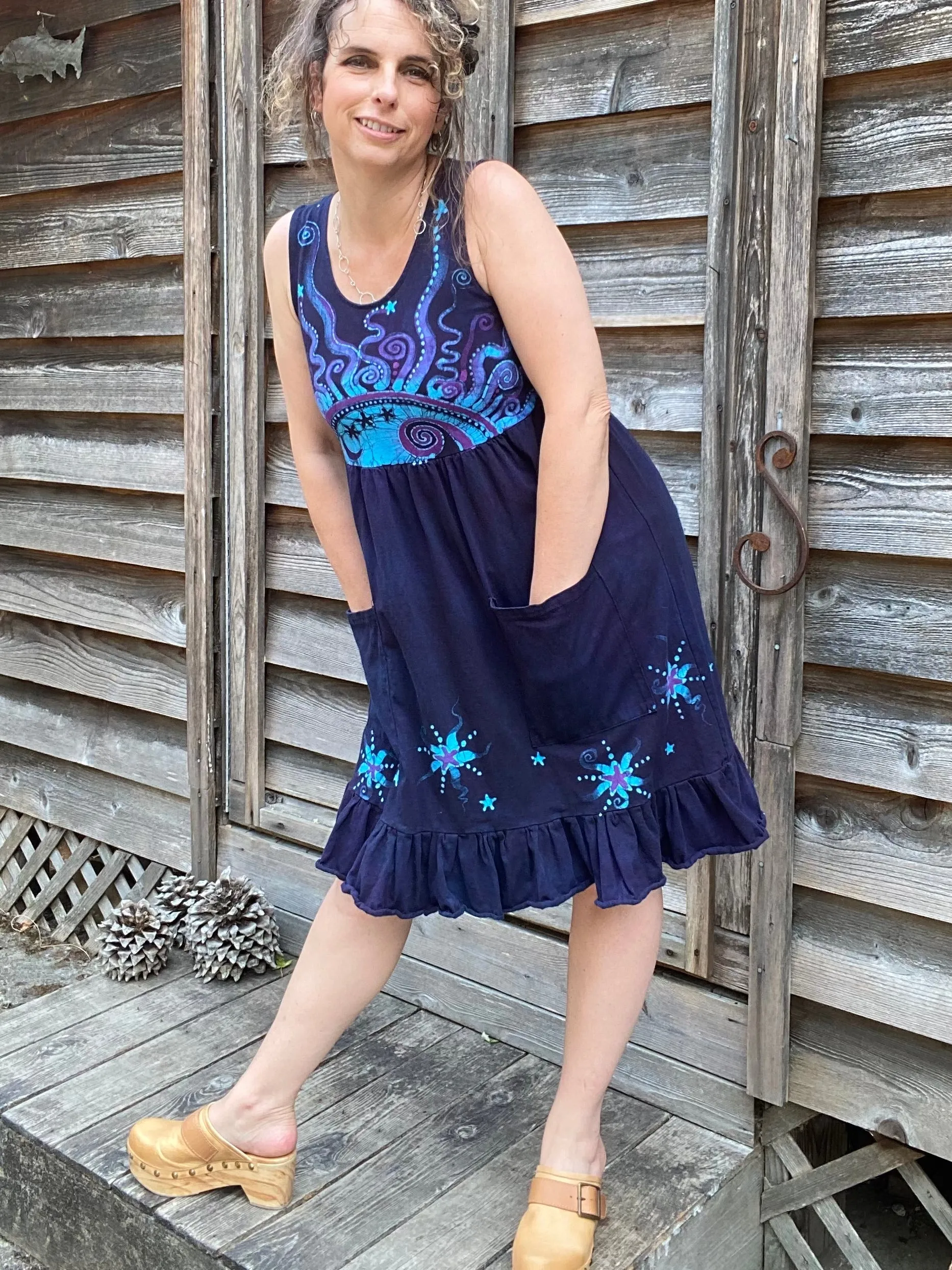 Mystic Moonlight with Turquoise Sunrise - Farmer's Market Pocket Dress - Size Small