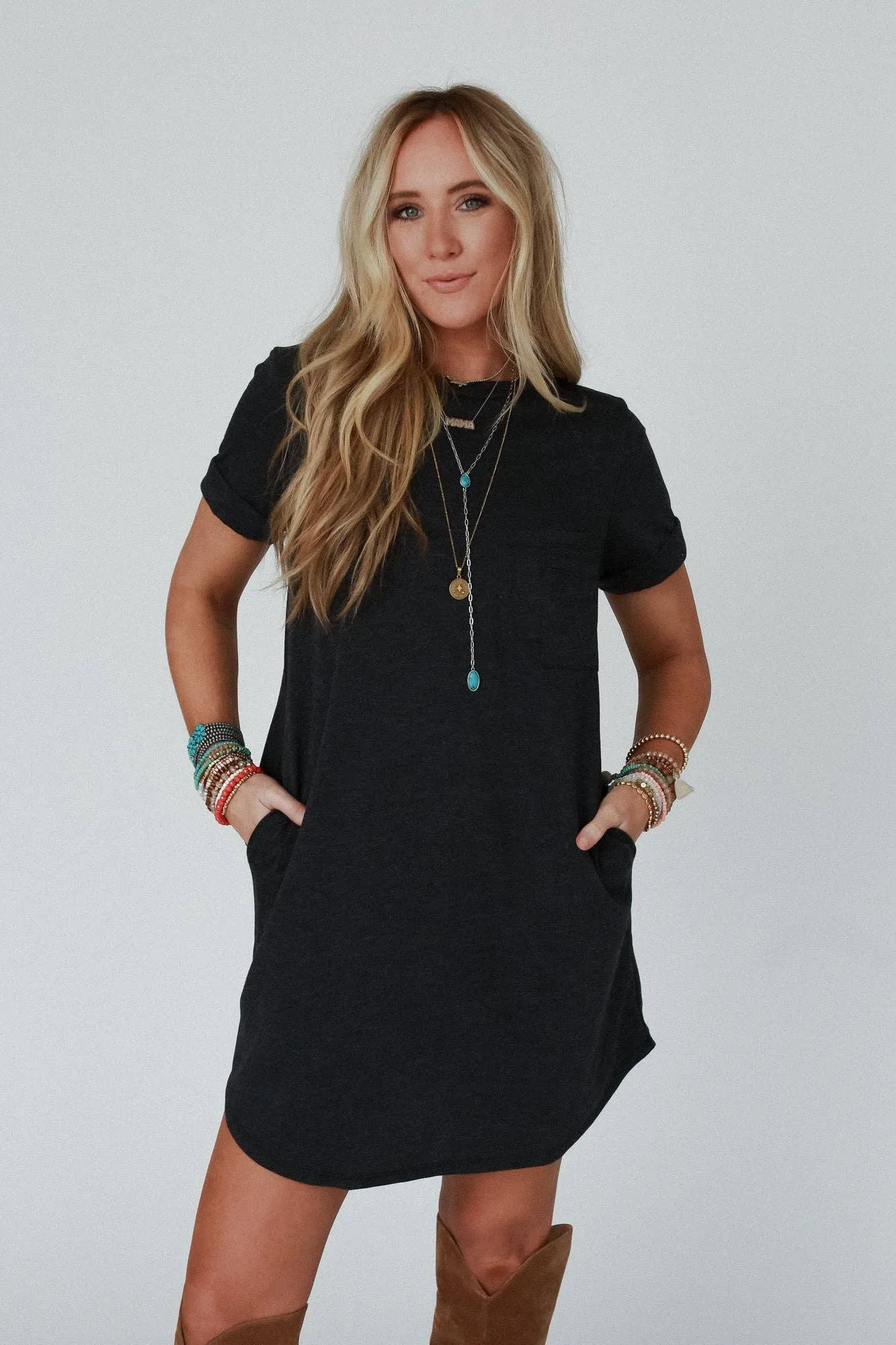 On The Daily Pocket Tee Dress - Charcoal
