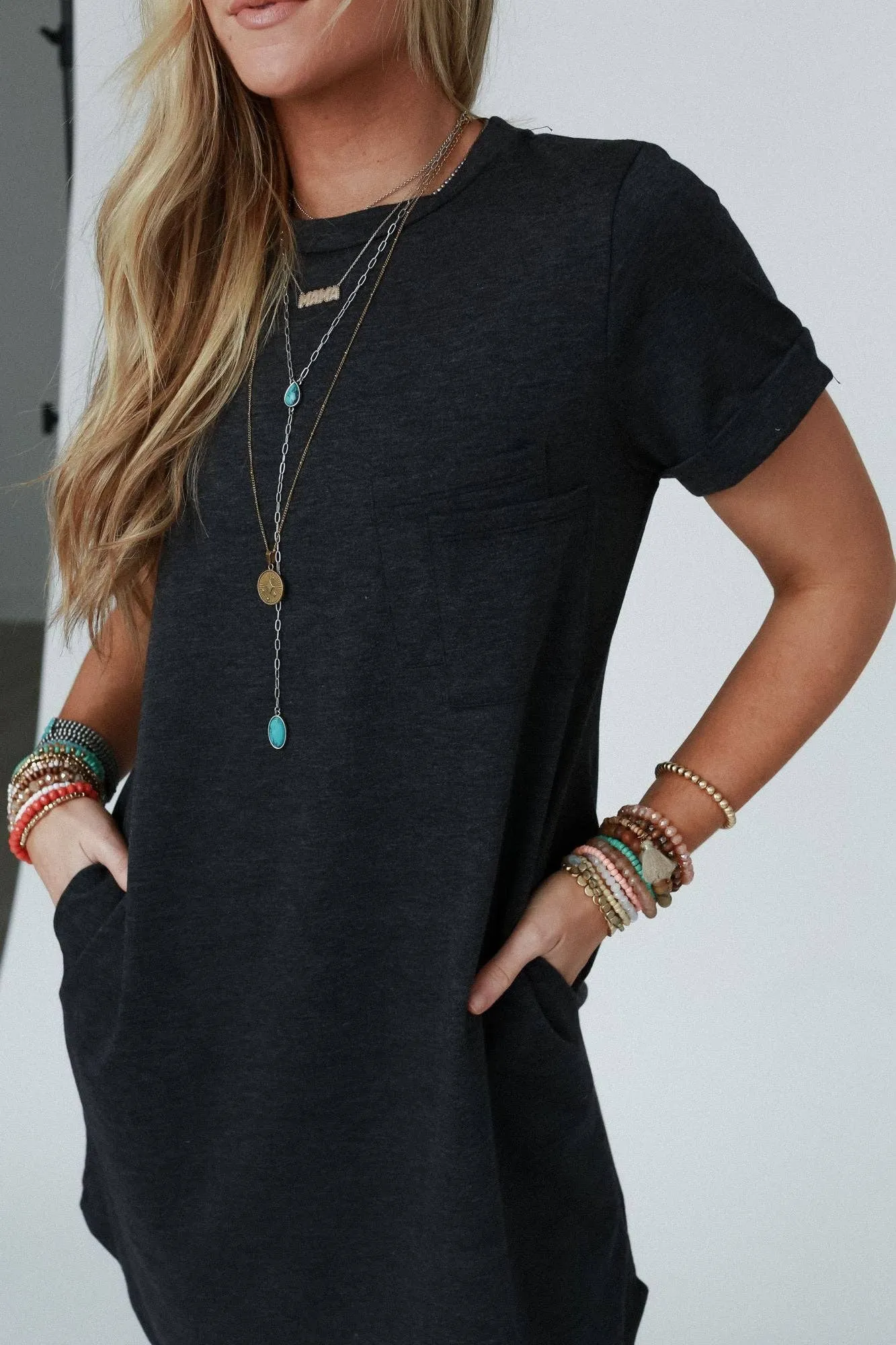 On The Daily Pocket Tee Dress - Charcoal