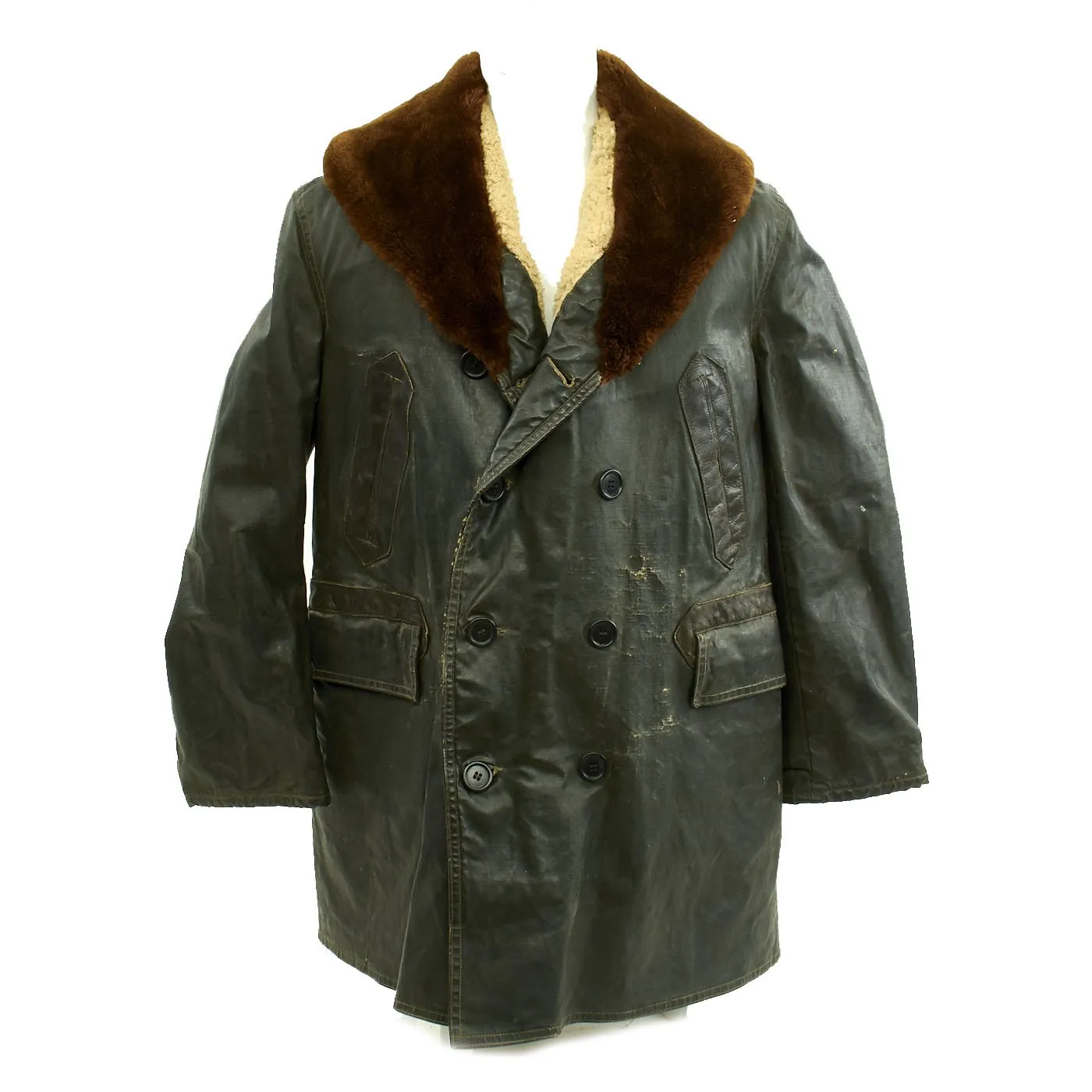 Original U.S. WWII USN Rubberized Shearling Deck Coat Navy Contract NXs 16279 - Size 42