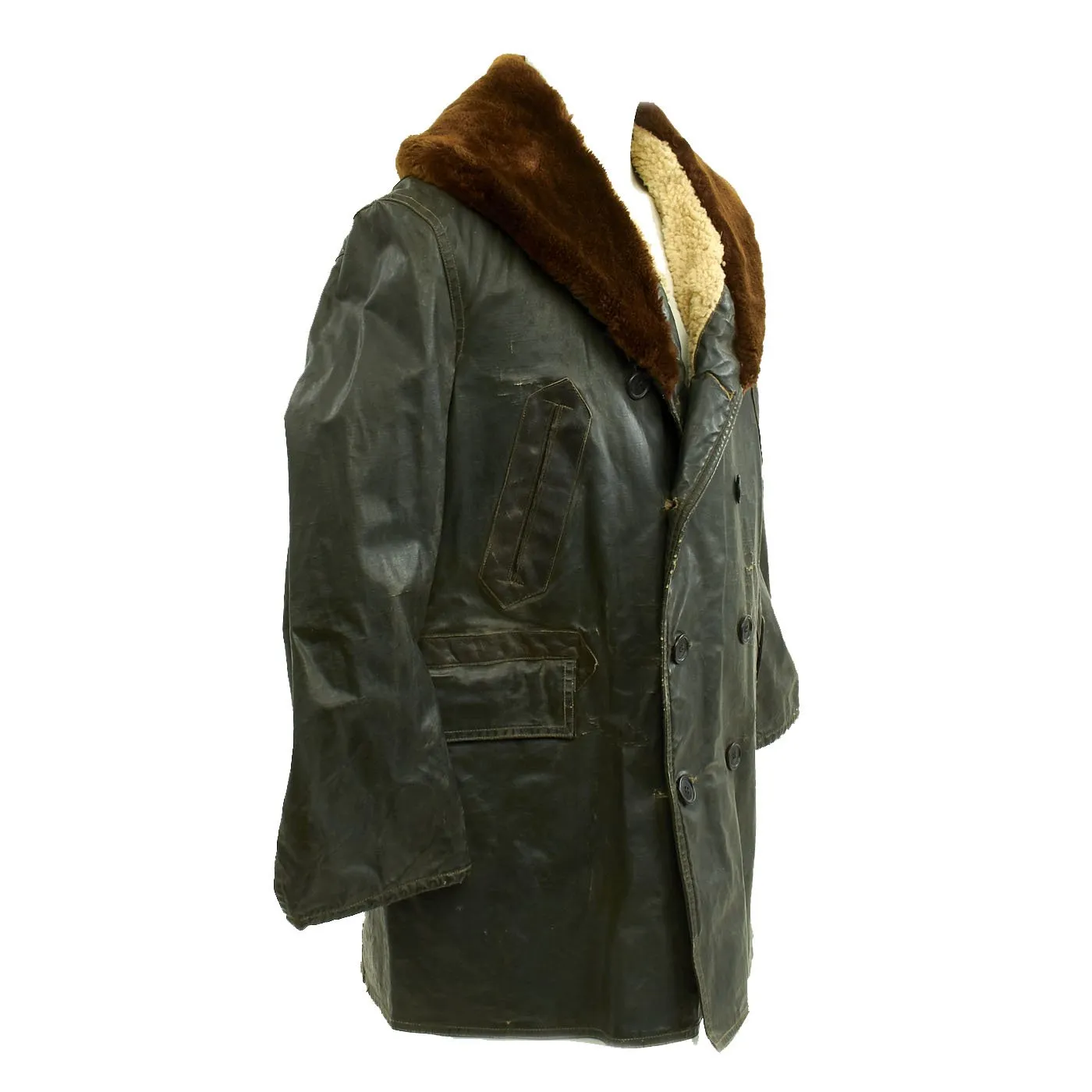 Original U.S. WWII USN Rubberized Shearling Deck Coat Navy Contract NXs 16279 - Size 42